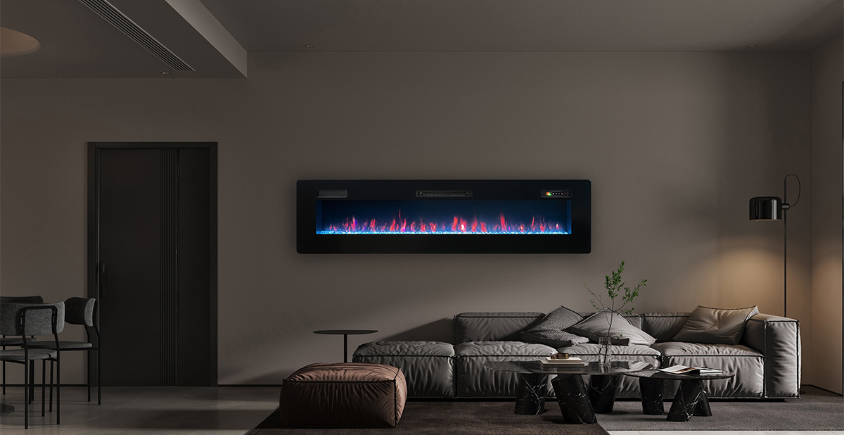 Modern wall mounted electric fireplace installed in a living room.