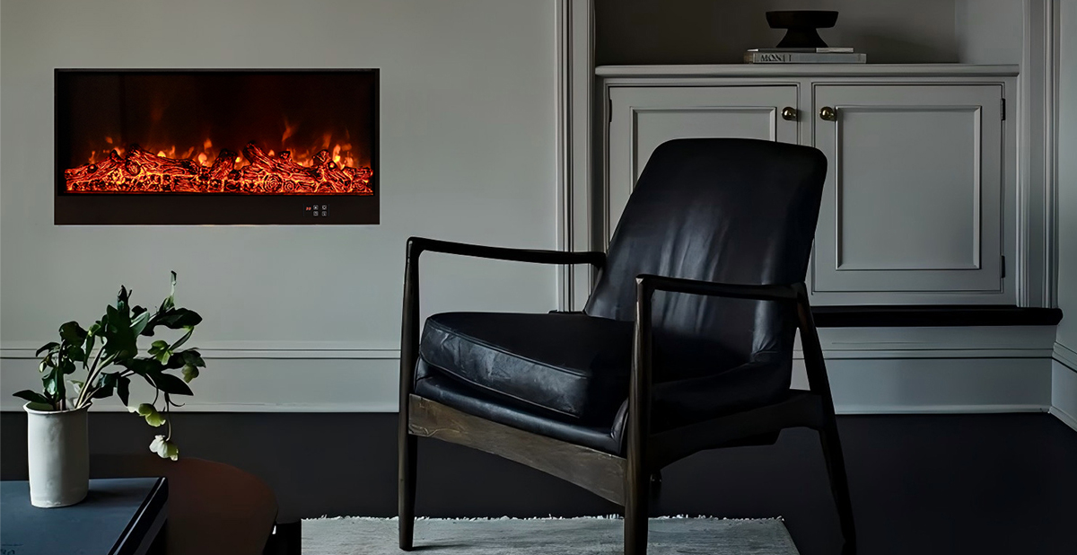 Sleek, thin-profile wall-mounted fireplace design.
