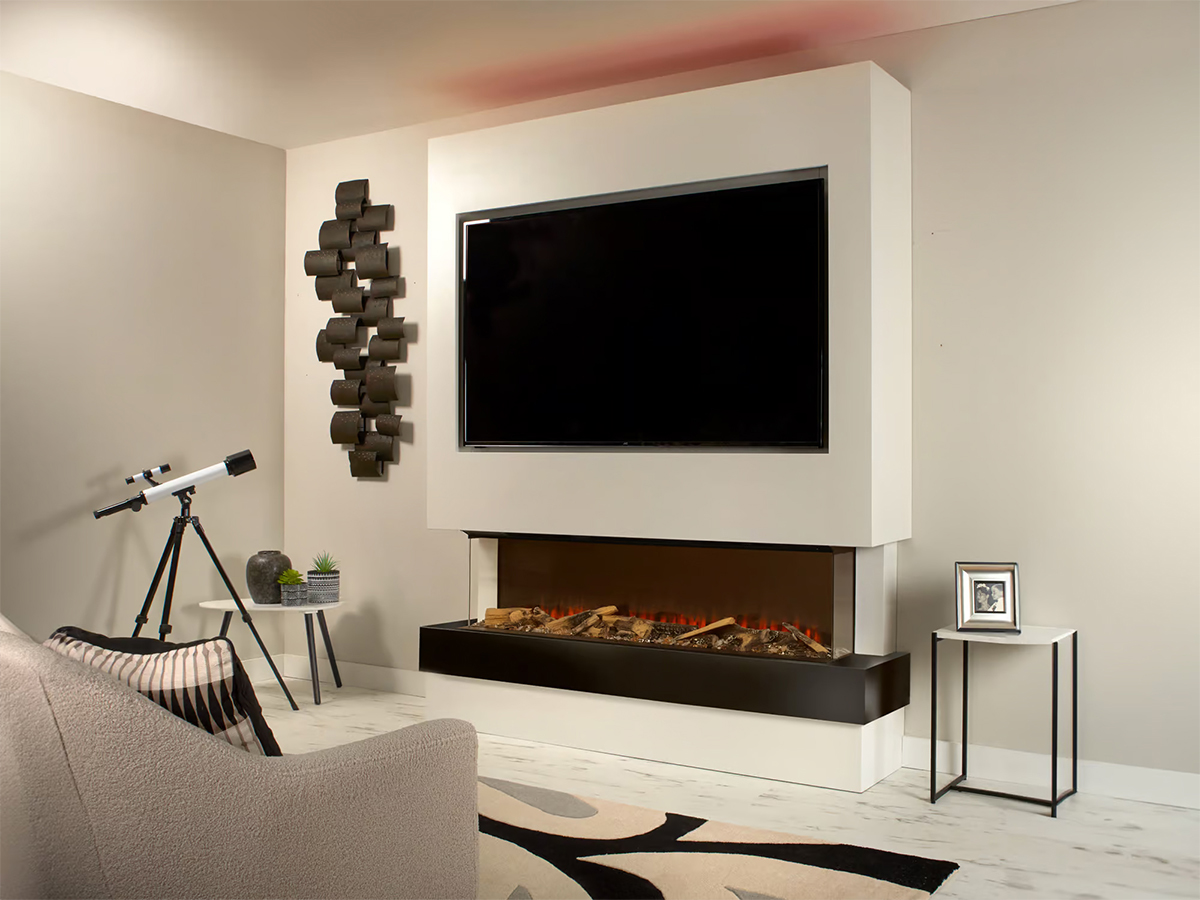 3 sided electric fireplace insert with zero-clearance safety design in a modern living room