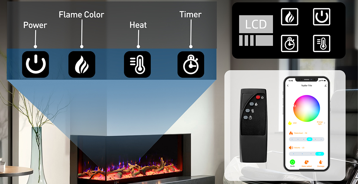 Digital display and touch control panel on a smart electric fireplace.