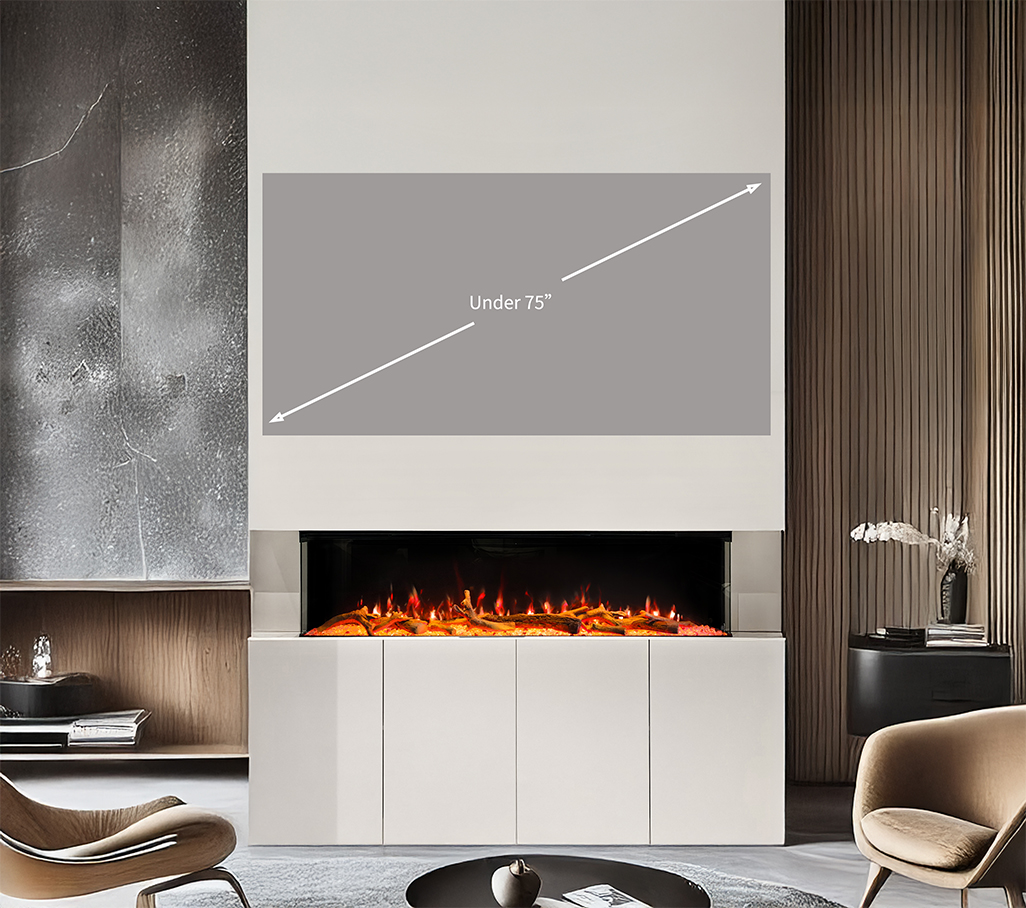 A beautiful shot of a cozy living room where a media wall and an electric fireplace combine to create a stunning focal point. The fireplace adds warmth and ambiance, making it the perfect centerpiece for family gatherings and relaxation.