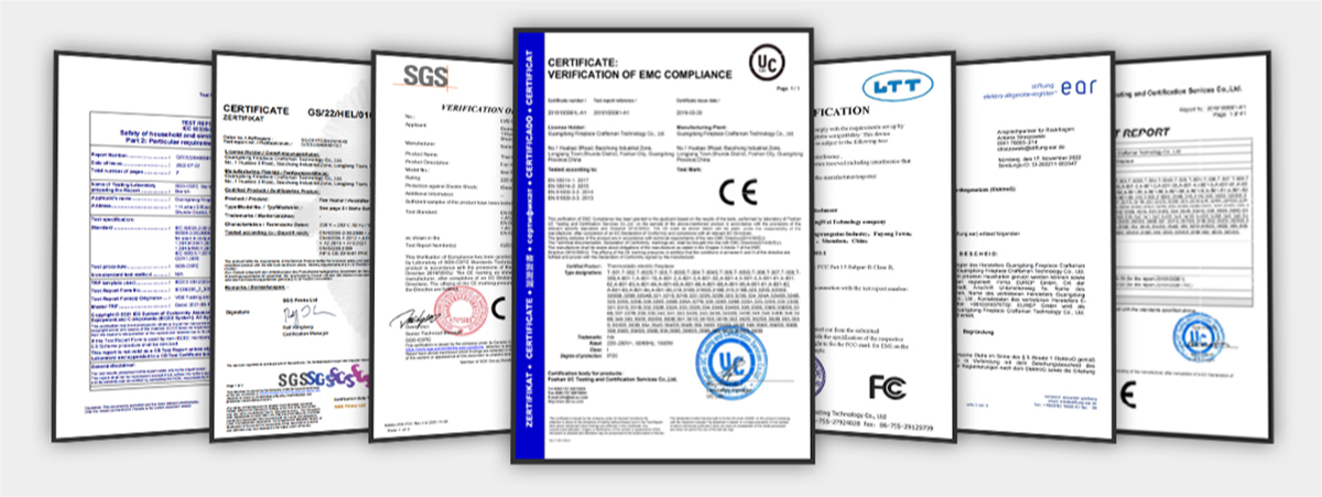 International Quality and Safety Certifications for Electric Fireplaces (CE, FCC, SGS)