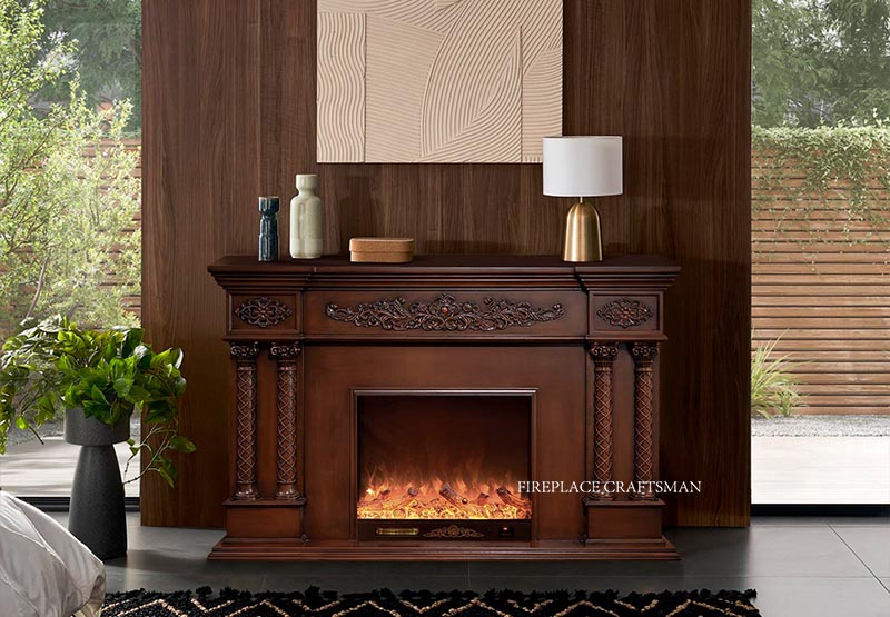 Mensola per camino elettrico in noce intagliato per arredamento alberghiero e commerciale