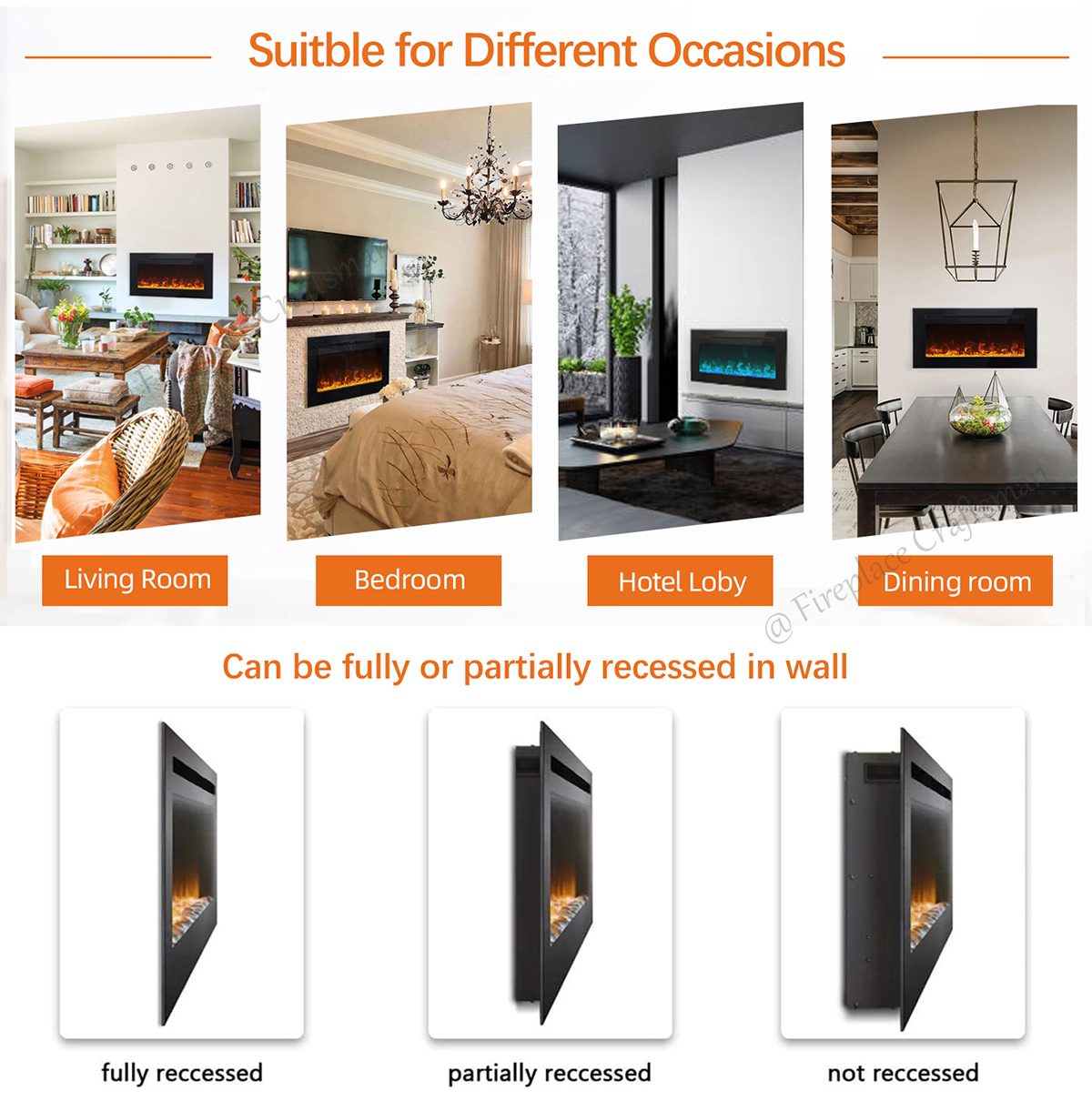 Close-up of a realistic electric flame effect in a wall fireplace.