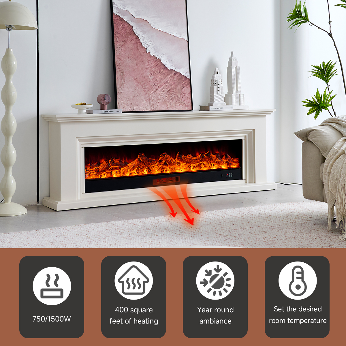 Zero Clearance Electric Fireplace with Concealed Bottom Air Outlet Heating Display