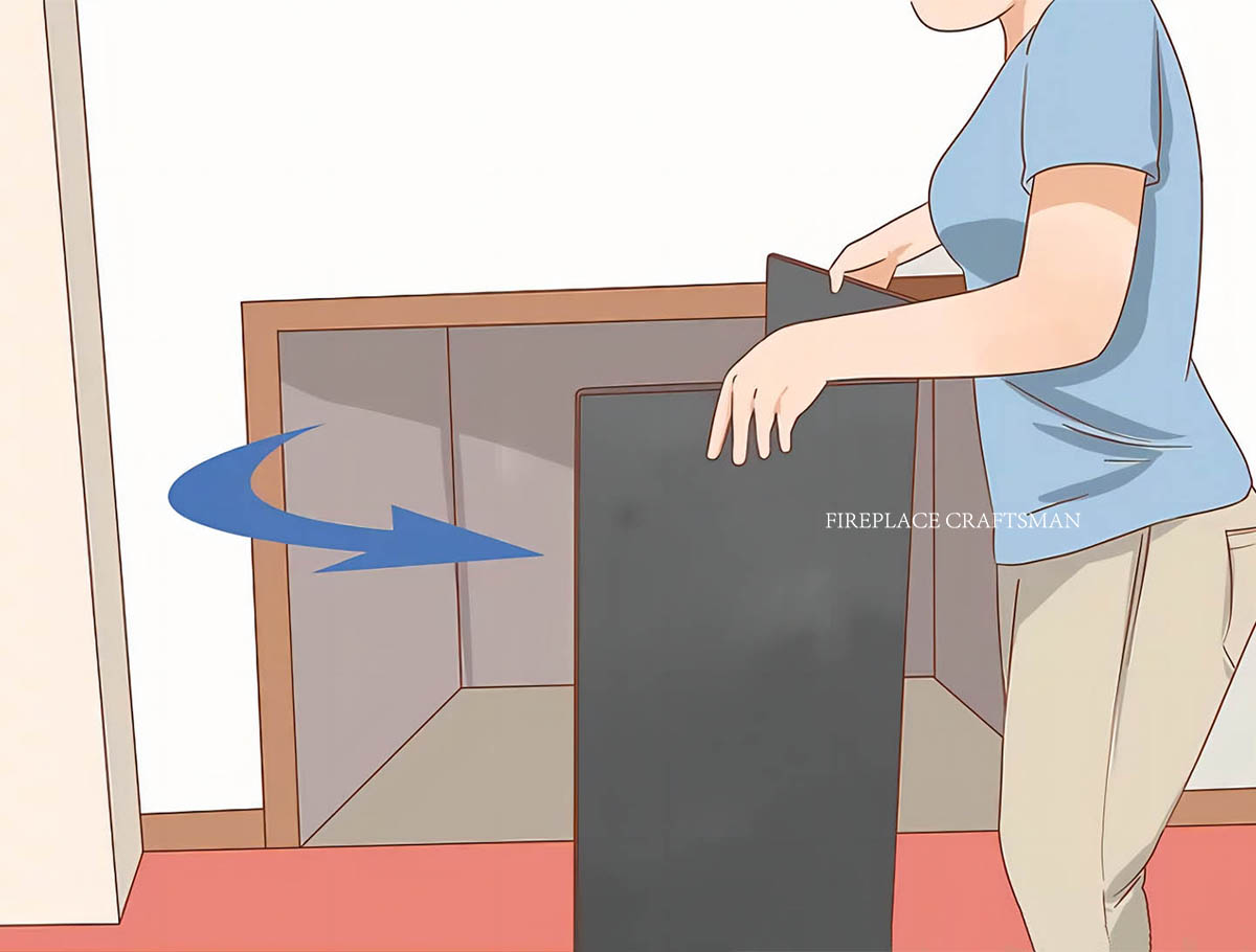 Metal fireplace block-off plate installed inside a chimney opening to seal the flue for an electric fireplace