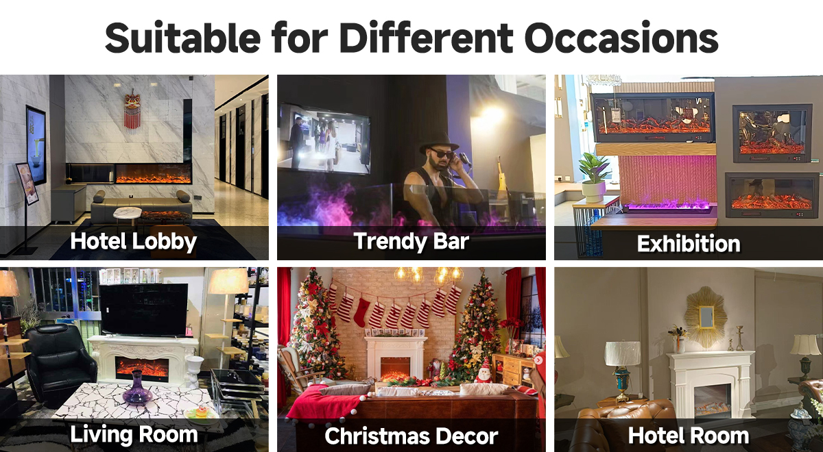 Commercial zero-clearance electric fireplace insert for hotel lobby, restaurant and showroom installations