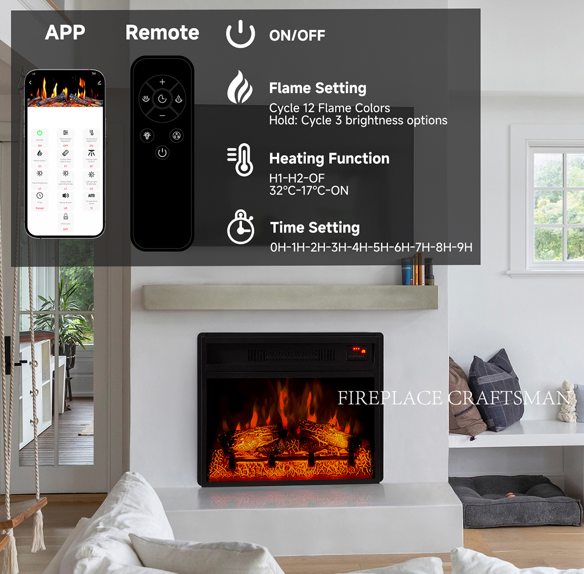 Smart Electric Fireplace with Thermostat and App Control 28-inch electric fireplace display panel showcasing smart features like thermostat and app control