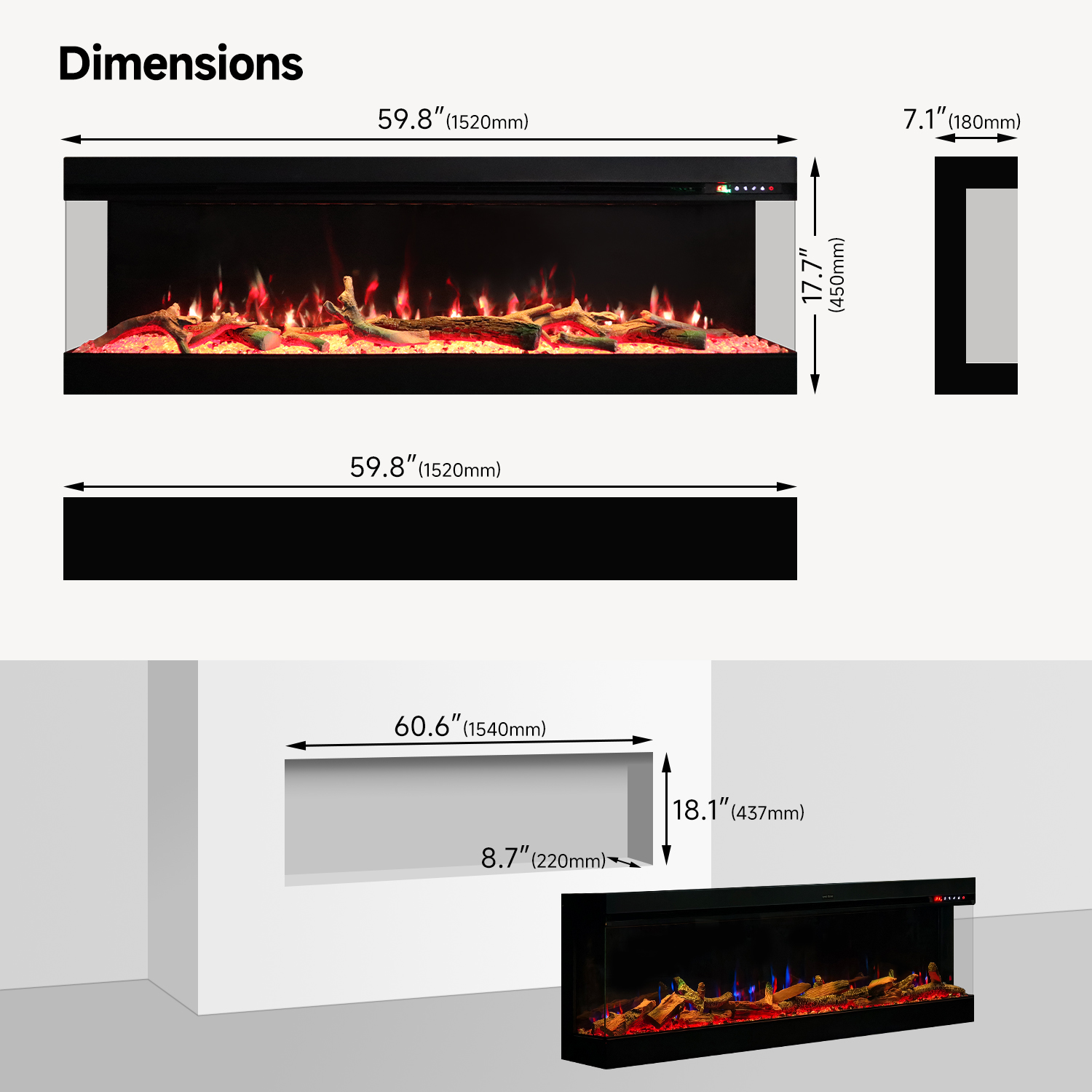 Zero Clearance Linear Electric Fireplace Dimensions and Recess Opening Guide