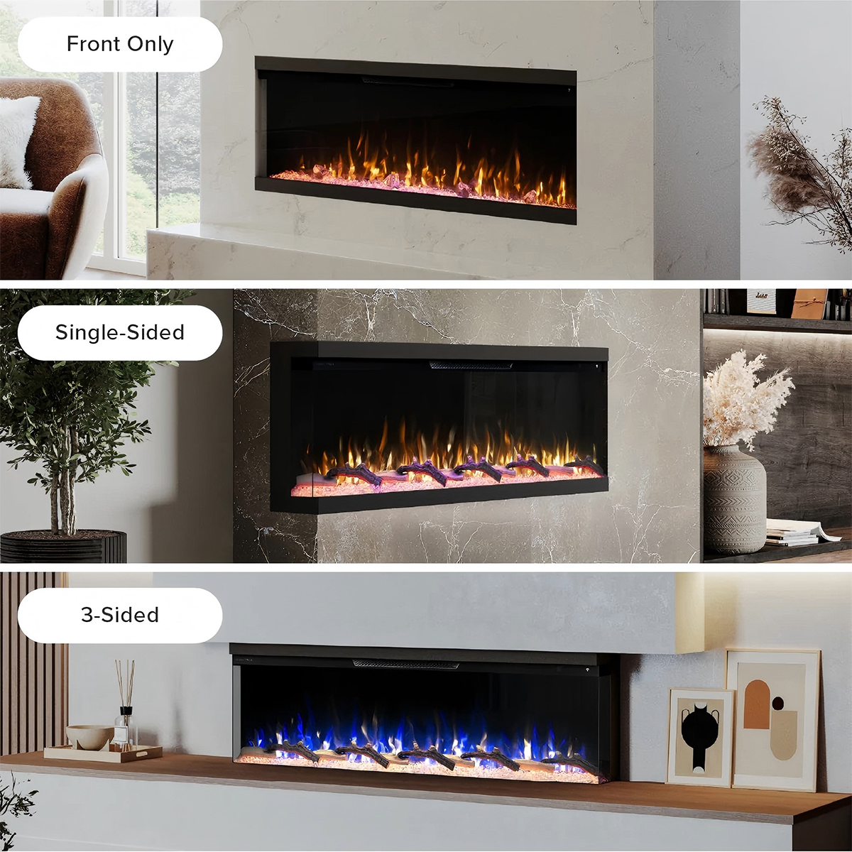 Zero Clearance 3-Sided Electric Fireplace Multiple Installation Views (Front, Single-Sided, Triple-Sided)