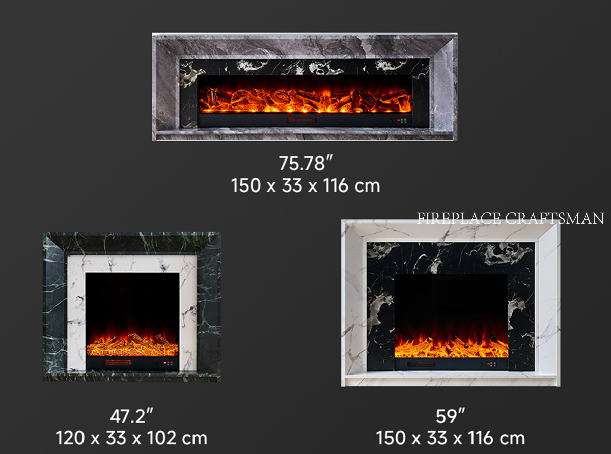 Differentiated Fireplace Mantel and Frame Options Various decorative mantel styles, including modern wood and metal frames, for product differentiation